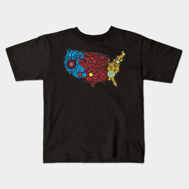 USA FLOWER MAP THREE COLORS Independence Day 4th of July Design Kids T-Shirt by ejsulu